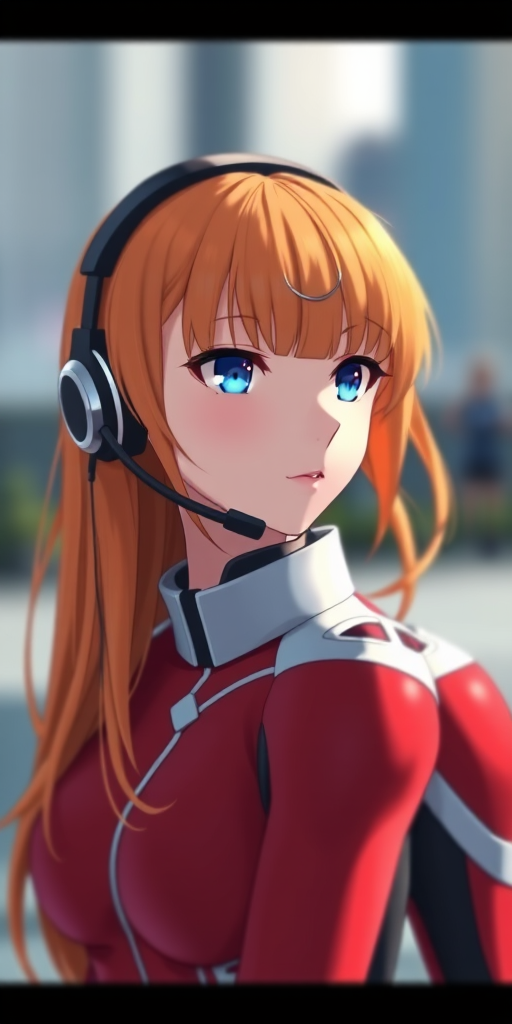 1girl, solo, long hair, bangs, blue eyes, closed mouth, upper body, outdoors, orange hair, blurry, from side, lips, bodysuit, profile, floating hair, depth of field, blurry background, letterboxed, realistic, nose, plugsuit, red bodysuit, interface headset, souryuu asuka langley