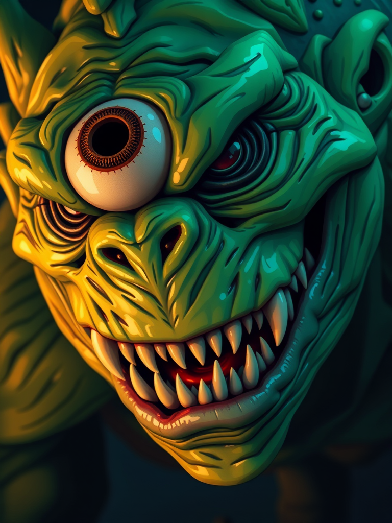 Create a highly detailed illustration of a grotesque green creature with sharp teeth and an eye on its forehead, using a Canon EOS R5, 50mm lens, f/1.8 aperture, and a shallow depth of field to enhance focus on the creature's features, with a vibrant color palette and dramatic lighting to emphasize texture and expression.