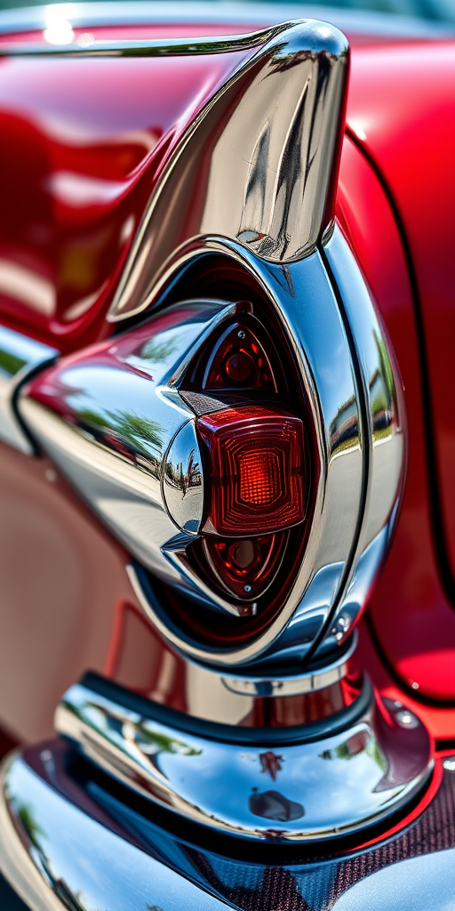 close-up of classic car tail lights with shiny chrome finish, f/2.8 aperture, 50mm lens, shallow depth of field, taken with a DSLR camera, natural sunlight, vibrant colors