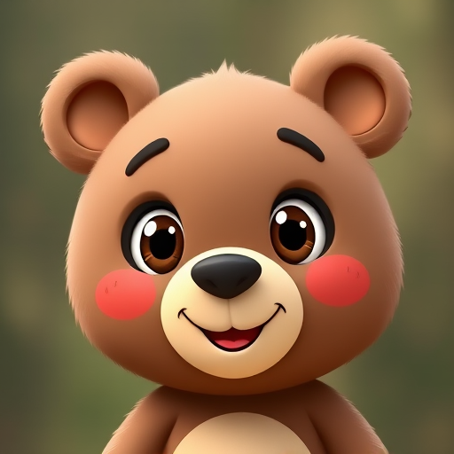 Create a cute cartoon bear character with large expressive eyes, soft fur texture, and a happy smile, using a DSLR camera with a 50mm lens, f/1.8 aperture, ISO 100, and a natural lighting setup for enhanced image quality.