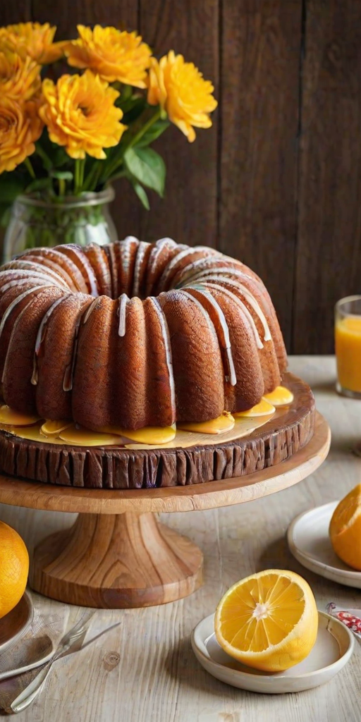 Create an image of a beautifully designed bundt cake on a wooden pedestal. The cake should have a golden-brown exterior and be topped with a glaze that drips down the sides. Decorate the top with thinly sliced citrus fruits like oranges and lemons for a fresh look. Include a warm, rustic background to enhance the inviting feel of the dessert.