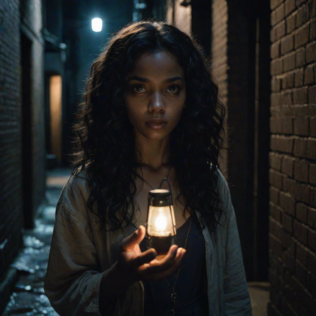 A young woman with deep brown skin and long, curly black hair stands in a dimly lit alley, her eyes wide with fear. She clutches a small, glowing amulet in her hand. A tall, pale man with sharp features and piercing blue eyes looms over her, his expression cold and calculating. The scene is bathed in a cold blue light from a nearby streetlamp, casting long, ominous shadows. The background is gritty and urban, with graffiti-covered walls and discarded trash. The style is reminiscent of Christopher Nolan's dark, moody cinematography, with high contrast and a blue tint. Film grain adds to the gritty, realistic texture.