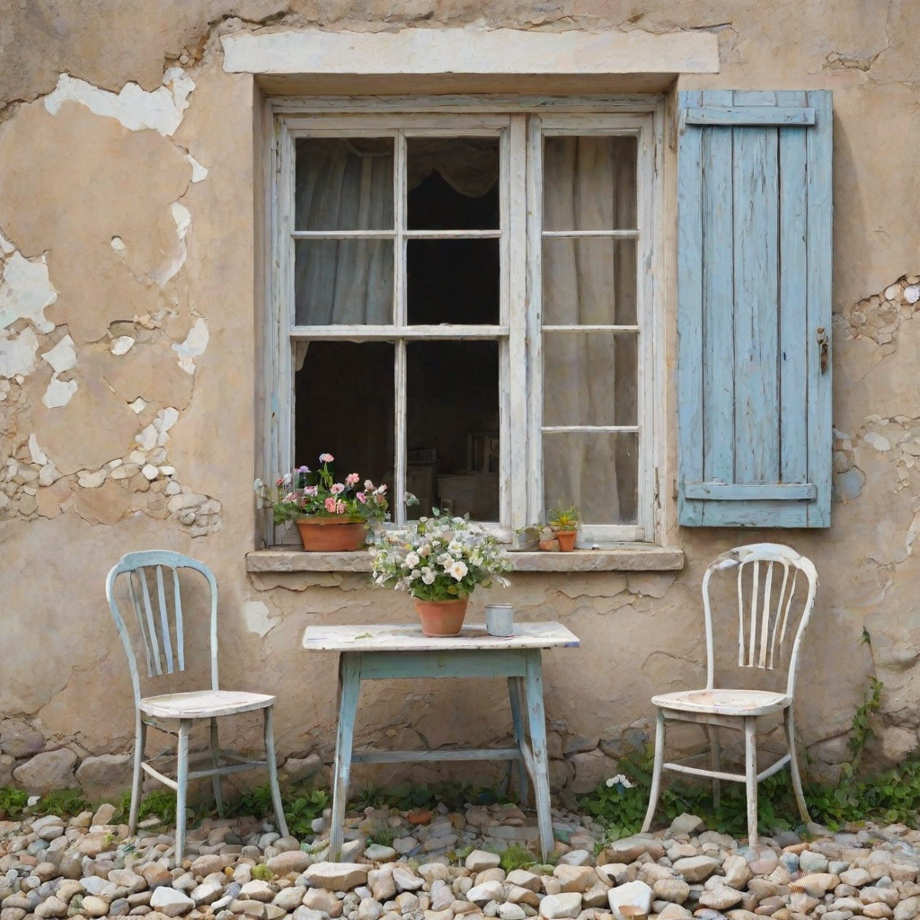 Create an amazing realistic watercolor image, The background is a crumbling wall beige and pale blue with the old wooden window. front of the wall has an old white table with two chairs. The soil is stones. Both of side of the image amazing flowers visible.