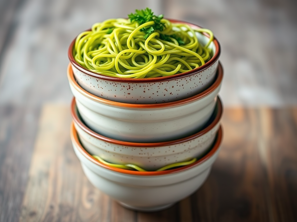 Create a realistic image of four stacked bowls of green noodles with a detailed texture, using a 50mm lens, f/2.8 aperture, 1/125 shutter speed, and a soft focus background, captured with a DSLR camera from a top-down view.