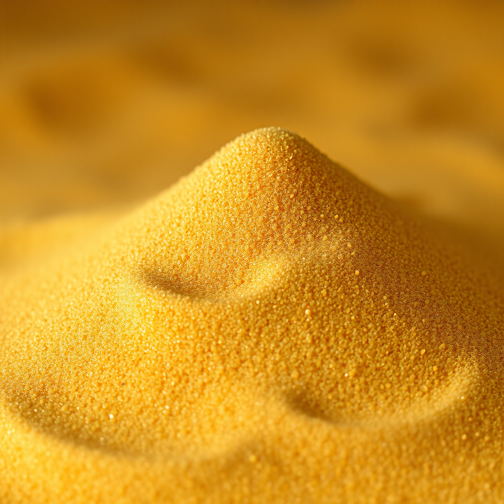A realistic rendering of a heap of fine golden sand with a smooth texture, captured with a DSLR camera at f/8 aperture, ISO 100, 50mm lens, macro view, high dynamic range, natural lighting.