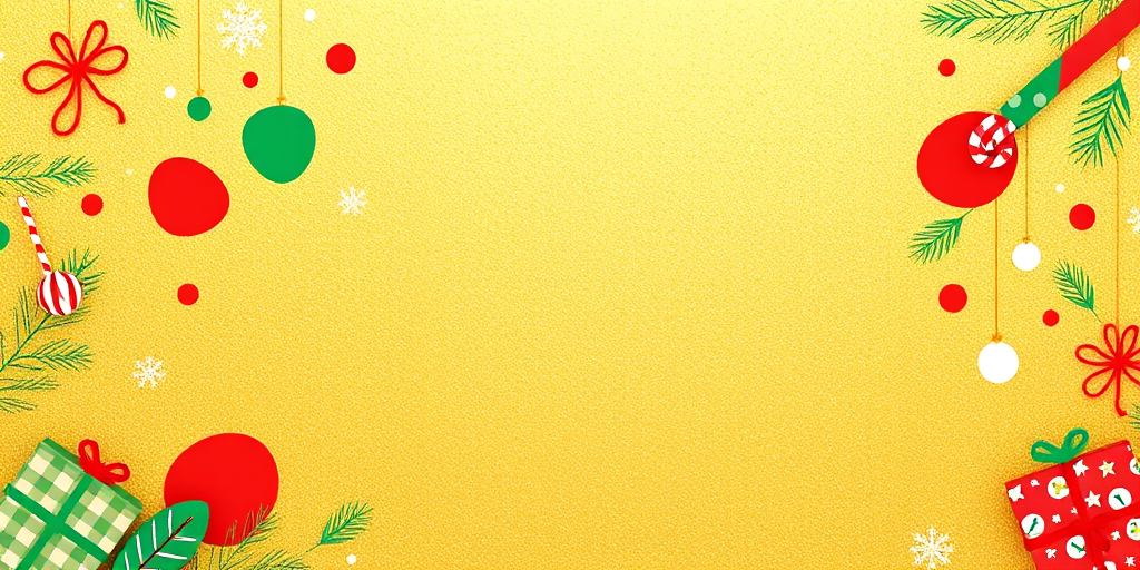 Create a festive background with a warm gold color featuring playful abstract shapes and patterns in red, green, and white. Include decorative elements like wrapped gifts and whimsical designs around the edges to enhance the holiday theme while keeping the center clear for text or images.