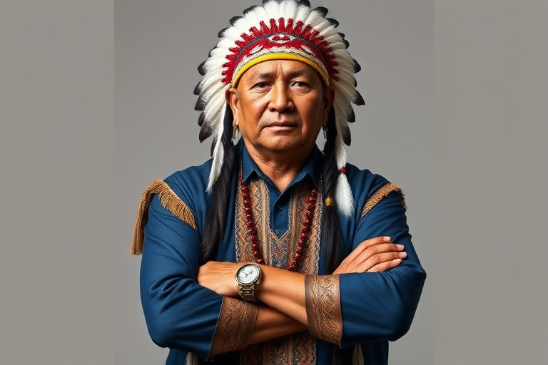 Create a dignified portrait of a Native American man dressed in traditional attire. He wears a beautifully crafted headdress adorned with white feathers and red beads, along with a beaded headband featuring intricate patterns. His clothing includes a deep blue, patterned shirt and a traditional chest piece with detailed beadwork. His arms are crossed, displaying leather armbands decorated with feathers. The background is simple and neutral, emphasizing his proud and stoic expression. The overall image captures the rich cultural heritage and strength of his persona.