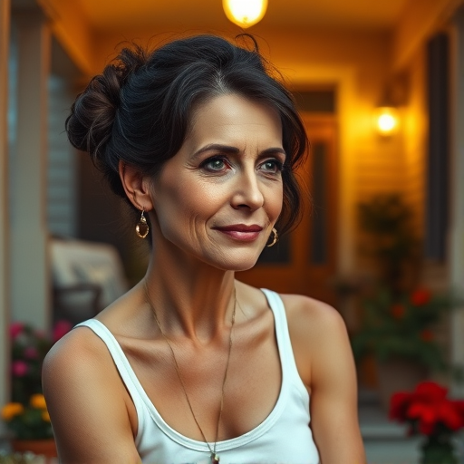 A photo of Jodie Foster with a background of a cozy porch. She has dark hair pulled back in an updo, with tendrils framing her face. She wears a white tank top and sits on the porch. The porch is part of a well-lit home with a warm, earthy tone and colorful flowers and foliage. The overall scene has a warm, welcoming, and comfortable ambiance.