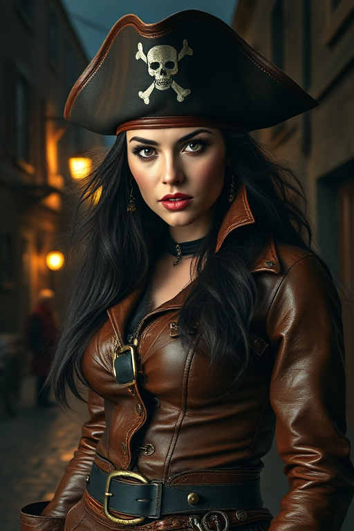 Create a portrait of a fierce female pirate. She wears a leather tricorn hat adorned with a skull and crossbones emblem, and her long, dark hair flows around her face. Her outfit consists of a richly detailed leather jacket, a corset, and multiple layers of belts and accessories, giving her a formidable and stylish appearance. She stands confidently in a dimly lit, historic port town, with a backdrop of weathered buildings and cobblestone streets, capturing the adventurous spirit of a pirate.