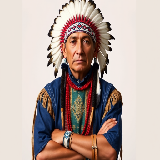 Create a dignified portrait of a Native American man dressed in traditional attire. He wears a beautifully crafted headdress adorned with white feathers and red beads, along with a beaded headband featuring intricate patterns. His clothing includes a deep blue, patterned shirt and a traditional chest piece with detailed beadwork. His arms are crossed, displaying leather armbands decorated with feathers. The background is simple and neutral, emphasizing his proud and stoic expression. The overall image captures the rich cultural heritage and strength of his persona.
