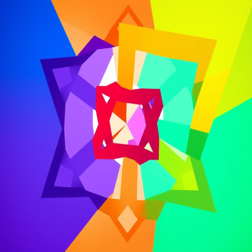 Create a vibrant abstract design with interlocking geometric shapes and bold colors, captured with a Canon EOS R5, 50mm f/1.2 lens, aperture set to f/2.8, ISO 100, natural light, top-down view for dynamic perspective.