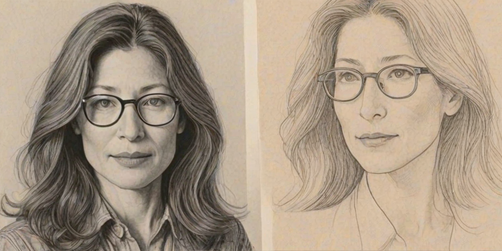 Bewitching Catherine Keener, pencil sketch, portrait of Wonderful woman 1944s in glasses, hair style beatnik, outline, clear lines, fine lines, 8k