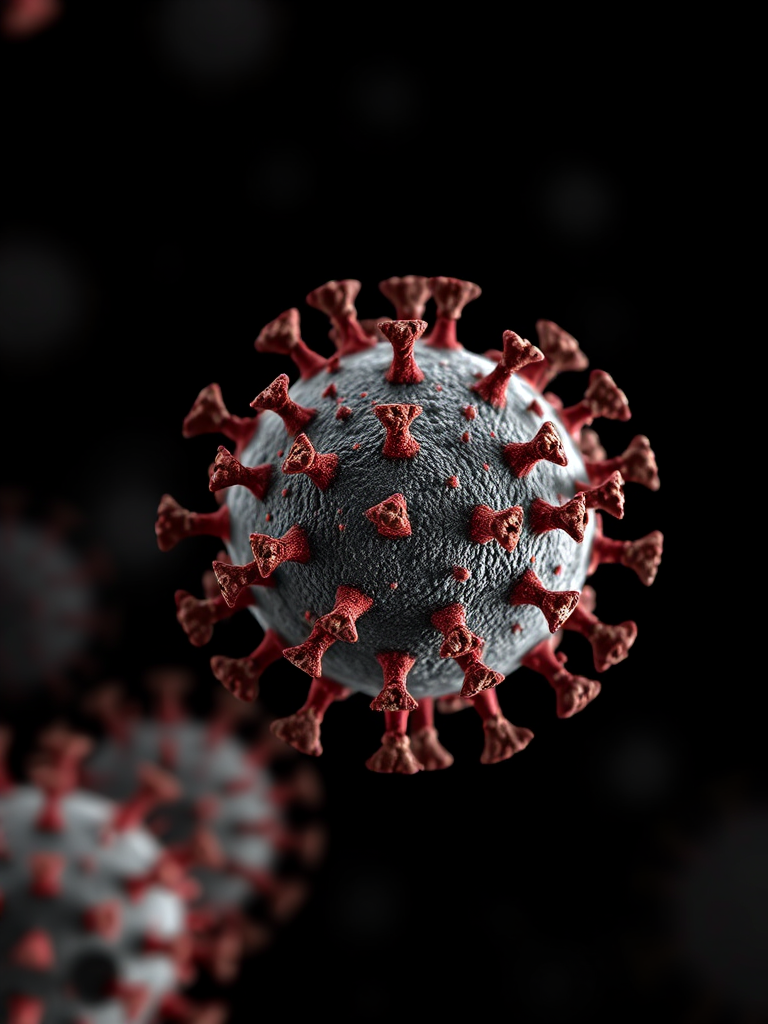 Create a highly detailed 3D representation of a virus particle with a dark background, using a macro lens camera with an aperture of f/2.8, ISO 100, 1/250s shutter speed, and a shallow depth of field to enhance focus on the virus structure, rendered in a realistic style.