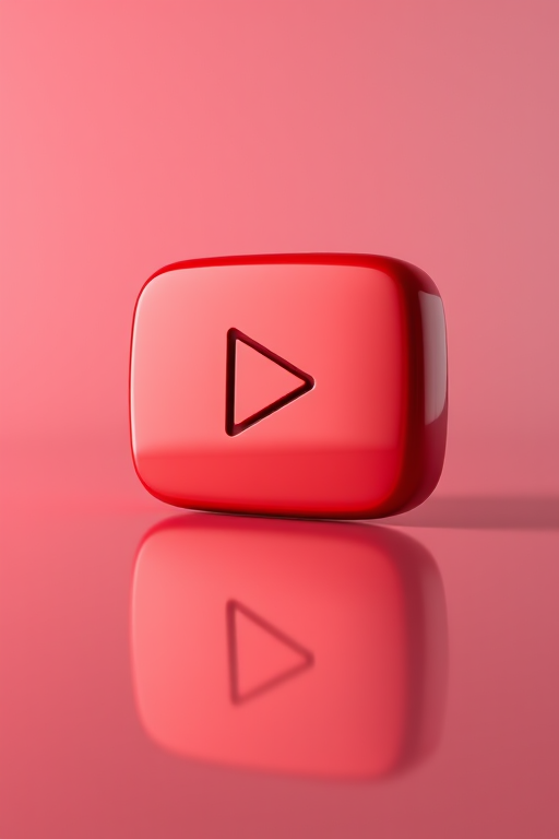 Create a highly detailed 3D render of a glossy red YouTube logo on a smooth surface, using a Canon EOS R5 camera with a 50mm lens at f/1.8, shutter speed of 1/100s, ISO 100, in a soft studio lighting setup to enhance reflections.