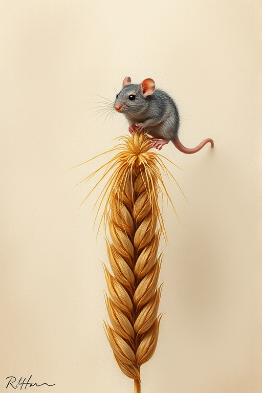 Soft, muted Alcohol Ink with ebru effect background image of tiny whimsical rat, who climbed high on the top of a golden rye ear.