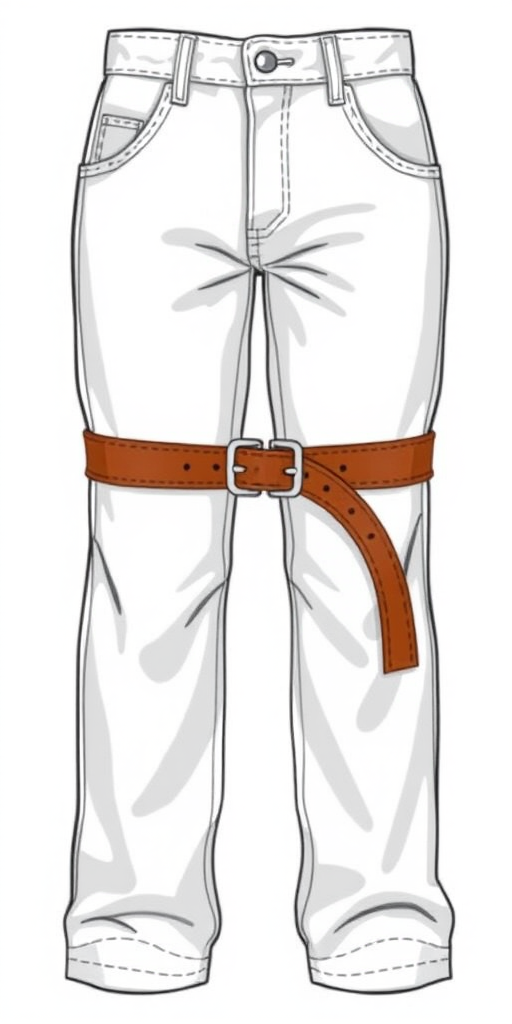 Generate a high-quality illustration of white pants with a brown belt, front view, use a DSLR camera at f/8 aperture, 1/125s shutter speed, ISO 200, natural lighting for enhanced detail and clarity.