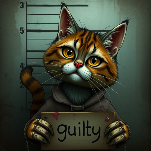 A comical cartoon-like scruffy cat, battered, dirty, with a mug shot and 'guilty' written on the board, in a whimsical and surreal art style with dark fantasy themes, dramatic lighting effects, minimalist and abstract touches, hyper-realistic details, textured backgrounds, vintage aesthetics, playful and exaggerated characters, gothic aesthetics, intricate designs, detailed patterns, and artistic composition