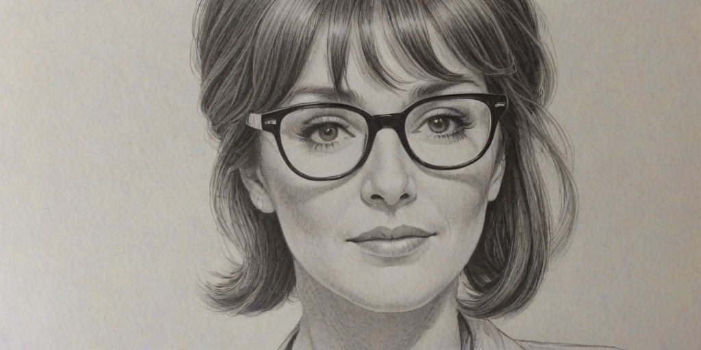 Superb Patricia Richardson, pencil sketch, portrait of Captivating woman 1973s in glasses, hair style beatnik, outline, clear lines, fine lines, 8k