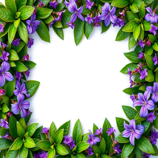 Generate a floral frame design with vibrant green leaves and purple flowers, centered on a clean white rectangular space for text, captured using a high-resolution DSLR camera, 50mm lens, f/1.8 aperture, natural light, top-down view for enhanced detail and clarity.
