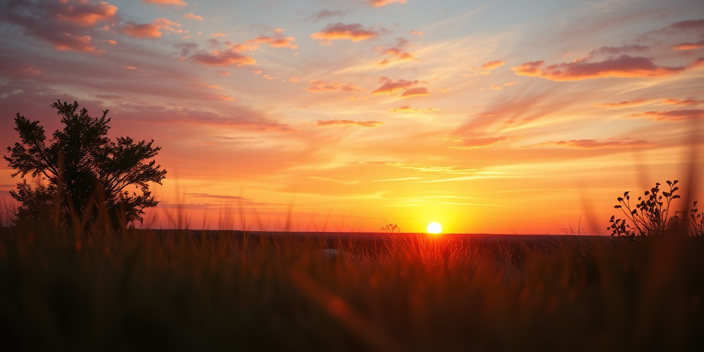Create a high-resolution image of a serene landscape with a sunset, using a DSLR camera with a 50mm lens, aperture set to f/8, ISO 100, and shutter speed of 1/125 seconds, captured from a low angle to emphasize foreground details and enhance the vibrant colors of the sky.