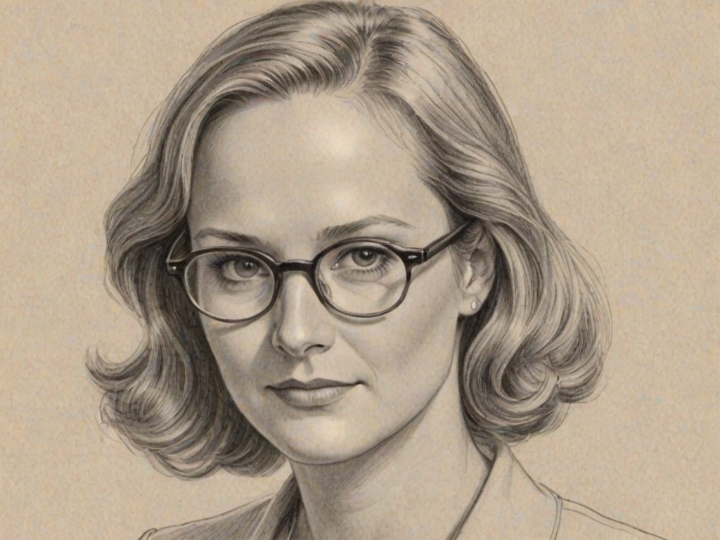 Pleasing Helen Hunt, pencil sketch, portrait of Graceful woman 1938s in glasses, hair style beatnik, outline, clear lines, fine lines, 8k
