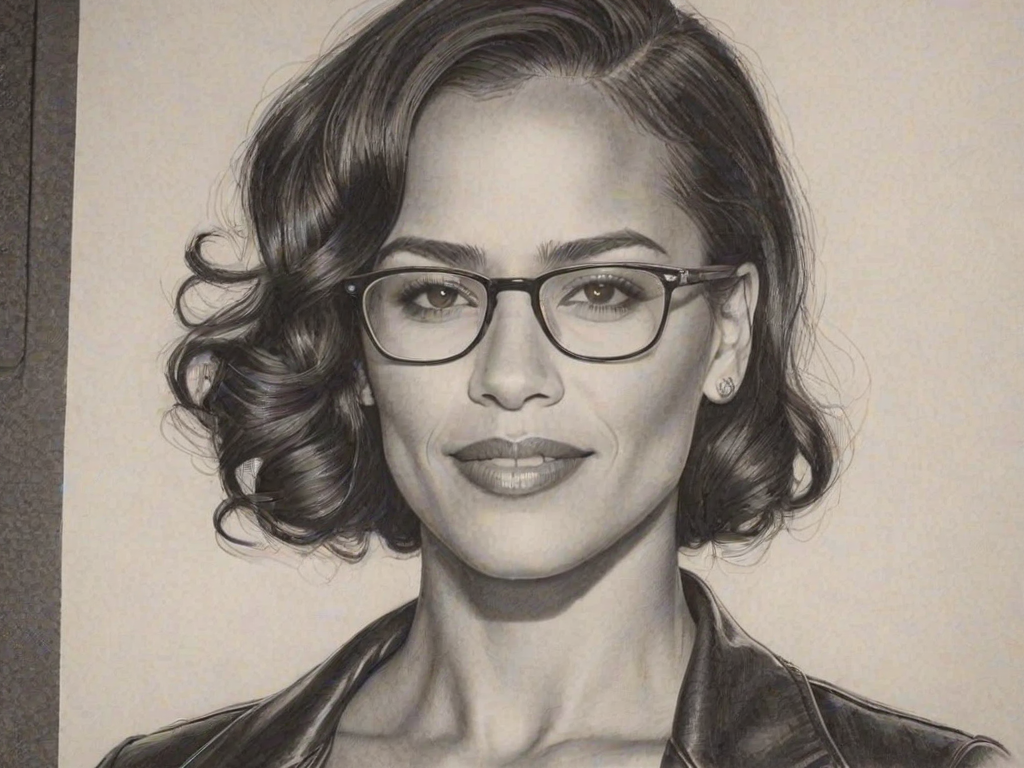 Captivating Paula Patton, pencil sketch, portrait of Fetching woman 1935s in glasses, hair style beatnik, outline, clear lines, fine lines, 8k