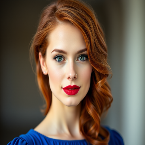 portrait of a woman with wavy red hair and red lips wearing a blue dress, soft focus background, natural light, f/1.8 aperture, ISO 100, 85mm lens, shallow depth of field, classic portrait photography style, taken with a DSLR camera