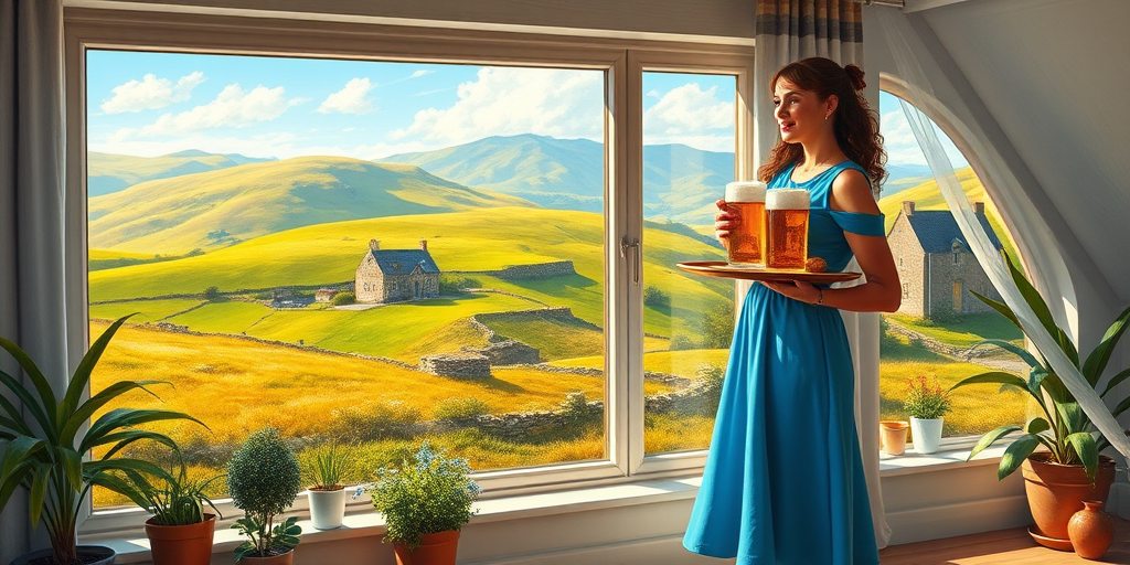 In "A Glass of Beer on the Highland," a serene scene is depicted in a sunlit room where a woman in a vibrant blue dress stands by a large window. She holds a tray with a hearty meal and a frothy glass of beer, embodying a moment of relaxation. Outside, the breathtaking highland landscape features rolling green hills and a charming traditional house, all bathed in warm afternoon light. The interior is adorned with potted plants, creating a harmonious blend of comfort and nature. The painting beautifully captures the tranquility and joy found in simple pleasures amidst stunning scenery
