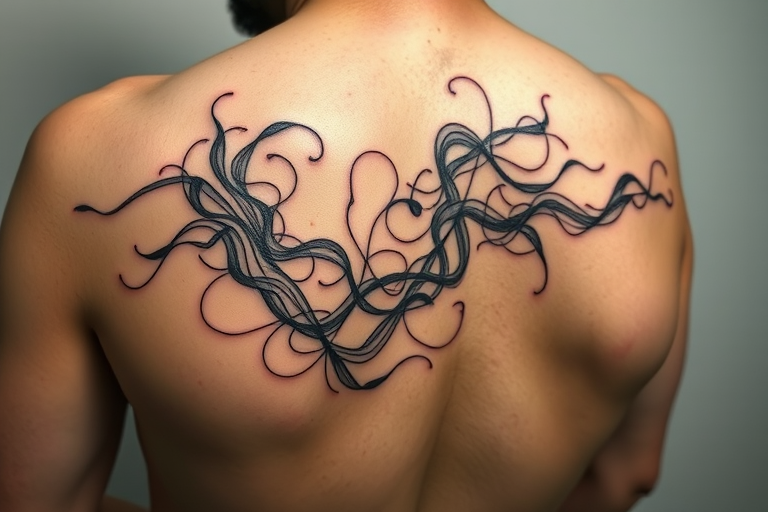 Continuous line tattoo dubbed "Fluid Form" using a single unbroken line to create complex images and shapes that flow seamlessly across the skin in an endless loop