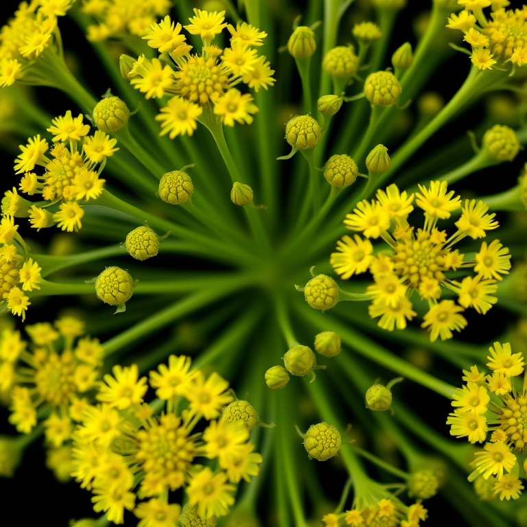 macro photograph of dill flowers with vibrant yellow blooms and green stems on a black background, aperture f/2.8, shutter speed 1/200s, ISO 100, top-down perspective, using a DSLR camera with a 100mm macro lens