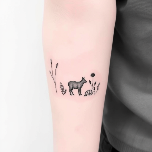 Minimalist line art tattoo named "Whisper of Nature" portraying a single continuous line forming elegant silhouettes of animals and plants with subtle shading and negative space