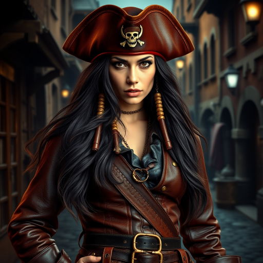 Create a portrait of a fierce female pirate. She wears a leather tricorn hat adorned with a skull and crossbones emblem, and her long, dark hair flows around her face. Her outfit consists of a richly detailed leather jacket, a corset, and multiple layers of belts and accessories, giving her a formidable and stylish appearance. She stands confidently in a dimly lit, historic port town, with a backdrop of weathered buildings and cobblestone streets, capturing the adventurous spirit of a pirate.