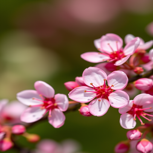 macro shot of pink and white blossoms on a green background with a shallow depth of field, f/2.8 aperture, 1/200 second shutter speed, ISO 100, using a DSLR camera in natural light with a 100mm macro lens