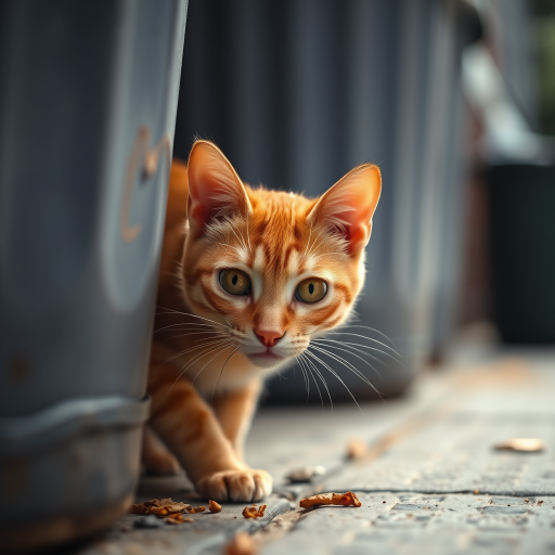 capture a close-up of an orange cat crouched near a garbage bin, shallow depth of field, natural lighting, f/2.8, ISO 200, 50mm lens, DSLR camera, focus on the cat's eyes