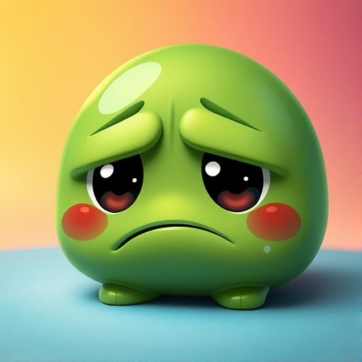 Create a vibrant digital illustration of a sad green blob character with large expressive eyes, showcasing a glossy finish and soft shading, captured in a 36mm lens with f/2.8 aperture, with side lighting to enhance the character's emotional depth, focusing on a colorful and smooth background for contrast, using a high-resolution digital camera.