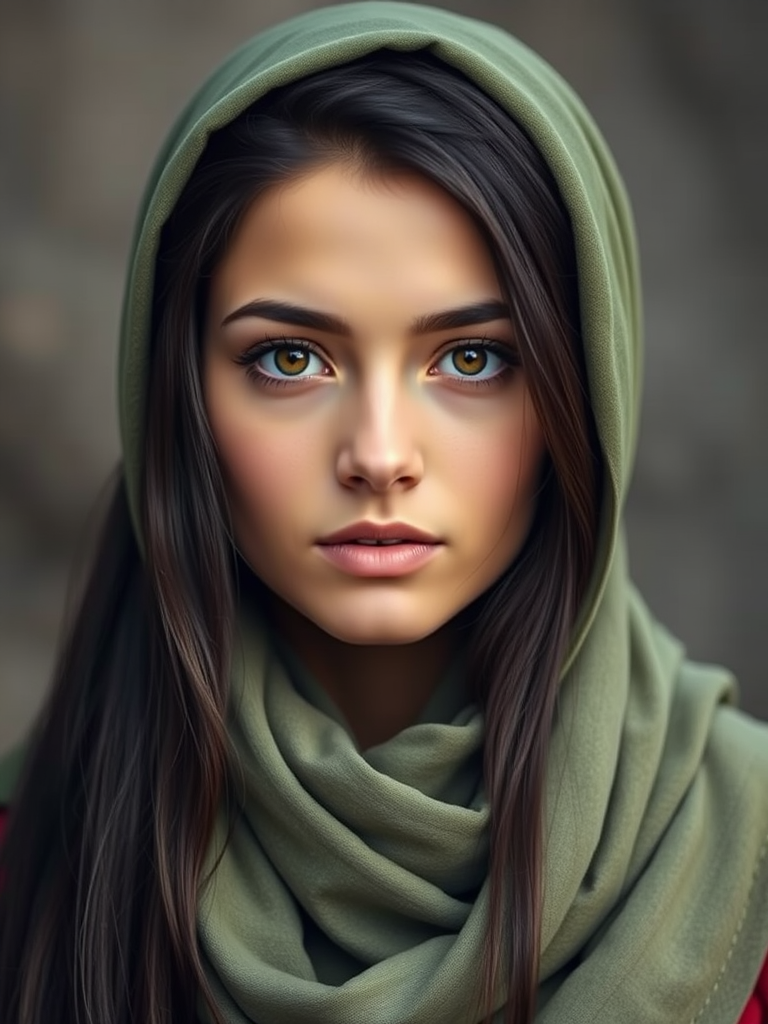Create a portrait of a young Georgian woman with long, dark hair and captivating hazel eyes. She is wearing a green headscarf and a matching scarf draped gracefully around her neck. The background is softly blurred, focusing attention on her serene and natural expression. The overall color palette is muted and warm, enhancing the intimate and authentic feel of the portrait.