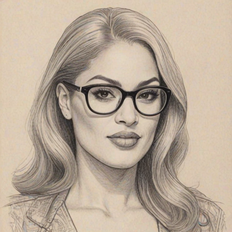 Fetching Keke Wyatt, pencil sketch, portrait of Radiant woman 1974s in glasses, hair style beatnik, outline, clear lines, fine lines, 8k