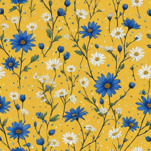generate a pattern featuring a bright yellow background with various blue flowers, small white daisies, red dots, and simple twigs or branches scattered throughout the design