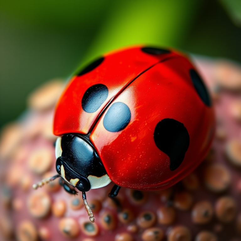 A vibrant and detailed illustration of a ladybug with a glossy red shell and prominent black spots, captured with a macro lens at f/2.8, ISO 100, 1/125s, using a DSLR camera from a top-down perspective to enhance the colors and textures.