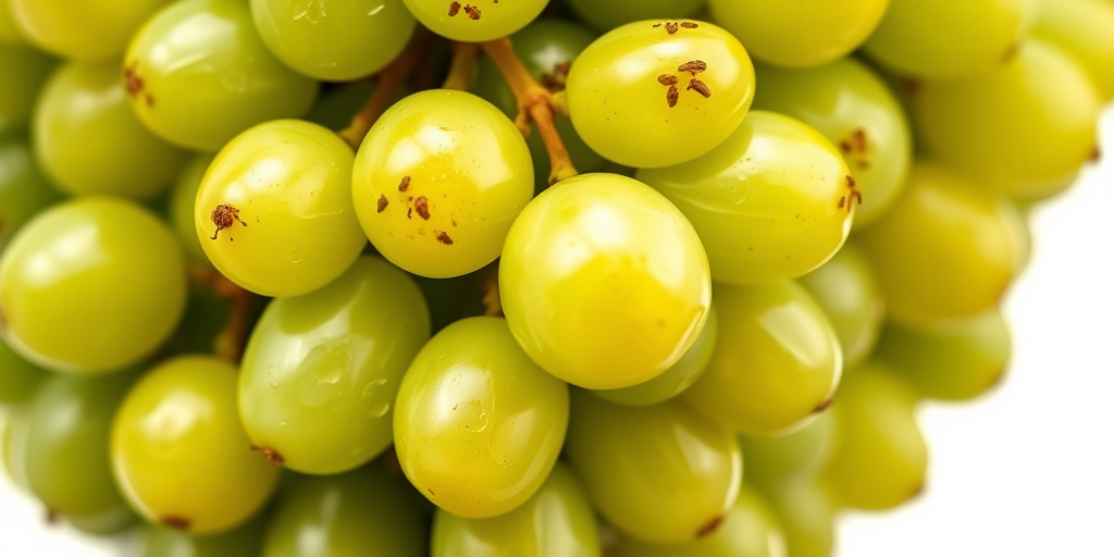 Create a high-resolution digital illustration of a cluster of green grapes with a glossy finish, use a macro lens, set aperture to f/2.8 for a shallow depth of field, adjust ISO to 100 for clarity, and select natural light to enhance color vibrancy.