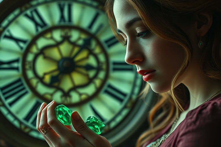 Regenerate an image of a woman examining emeralds with a mystical clock in the background, soft natural light, ISO 200, f/2.8, 50mm lens, portrait view, cinematic style, high-resolution digital camera.