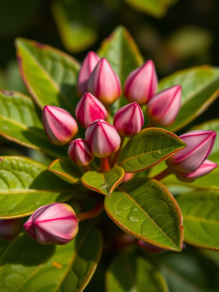 Capture a close-up of pink buds nestled among vibrant green leaves with a shallow depth of field, using a DSLR camera with a 50mm lens at f/2.8, ISO 200, and a shutter speed of 1/250 sec, natural lighting.