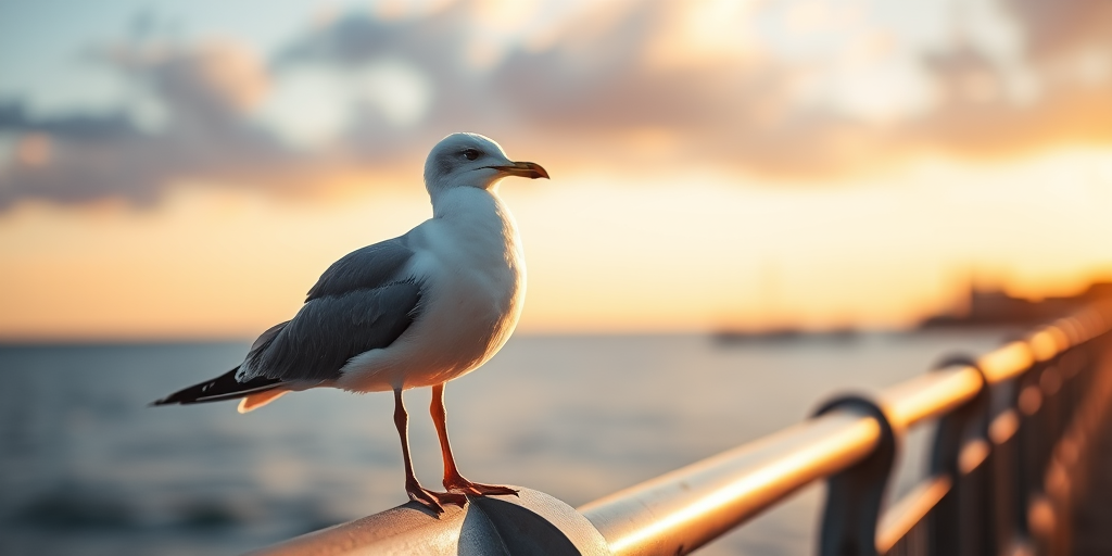 A close-up shot of a seagull perched on a railing by the ocean during golden hour, using a DSLR camera with a 50mm lens, aperture f/2.8, ISO 200, shutter speed 1/500s, focusing on the bird with a blurred background for depth.
