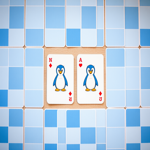 Create an image of a memory card game layout featuring blue and white checkered cards, with two cards displaying a cartoon penguin character arranged in a 3x4 grid, shot with a Canon EOS R5, 50mm lens, f/2.8 aperture, ISO 100, top-down view with soft natural lighting.