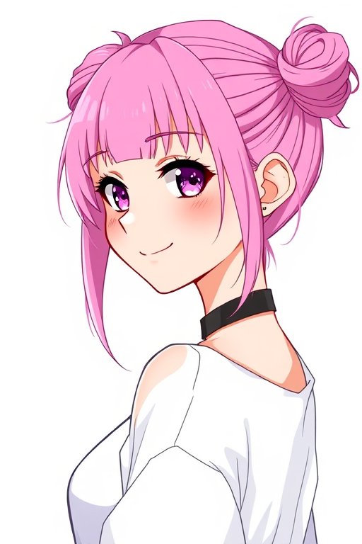1girl, pink hair, necklace, side view, white background, perfect cute face, turning to look at viewer, vibrant colours, cocky smile, choker, (freckles:0.6), eyeshadow, pigtail buns, round face