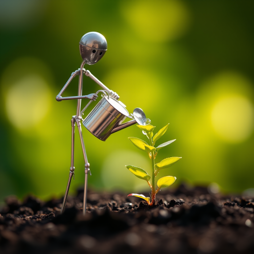A metal figurine of a person, constructed from thin, silver rods, stands on the left side of the image, facing the viewer. The figurine is holding a small watering can and pouring water onto a young plant, with a few droplets in the air. The plant, with lush green leaves, is situated in the center, growing from dark soil. The background is a soft, out-of-focus blur of green, illuminated by warm, natural light.  The composition creates a sense of depth and intimacy. The image evokes feelings of growth, nurture, and hope.