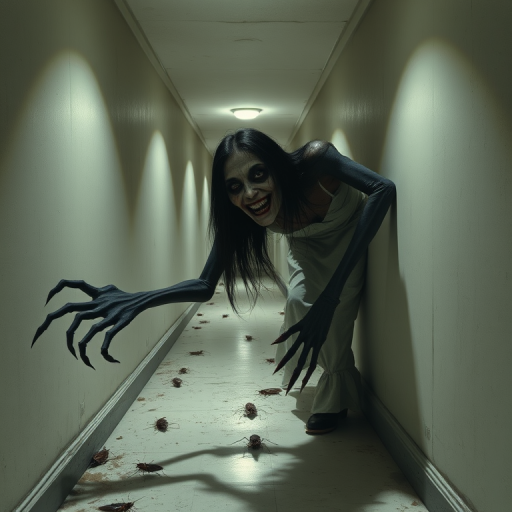 a crooked woman with long arms and a creepy smile is crawling along a long white corridor and you can also see cockroaches in it there is a creepy atmosphere creepy art style