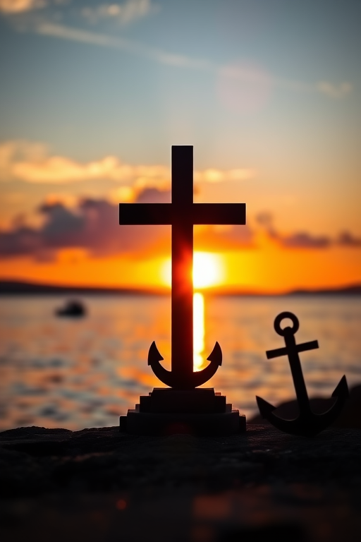 Create a vibrant sunset over water with the silhouettes of a cross, heart, and anchor in the foreground, using a DSLR camera with a 50mm lens at f/1.8, ISO 100, and a shutter speed of 1/200s, capturing the scene from a low angle to emphasize reflections and lens flare for added depth and warmth.