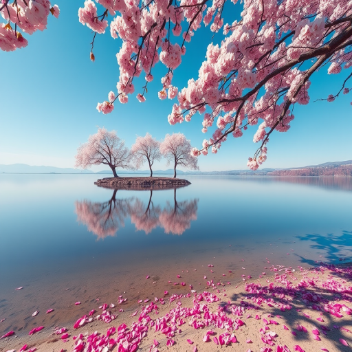 Generate an image of a serene landscape featuring cherry blossom trees reflected in a calm body of water, with vibrant pink petals scattered on the sandy shore under a clear blue sky, captured with a Canon EOS R5 at f/8, ISO 100, 24mm lens, in landscape orientation.