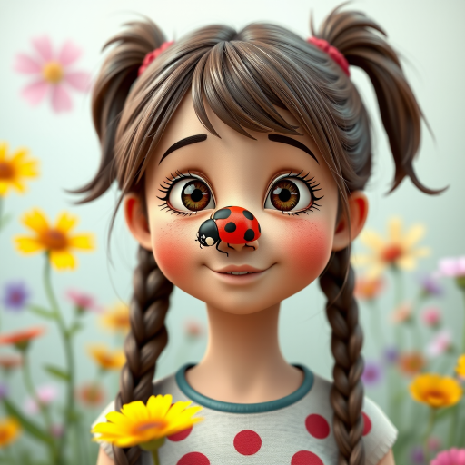 whimsical comical cartoon art Quentin Blake style, closeup portrait view of a cute girl with two ponytails in her hair, an adorable ladybug sits on her nose, funny children’s book illustration with bright colors and flowers in the background
